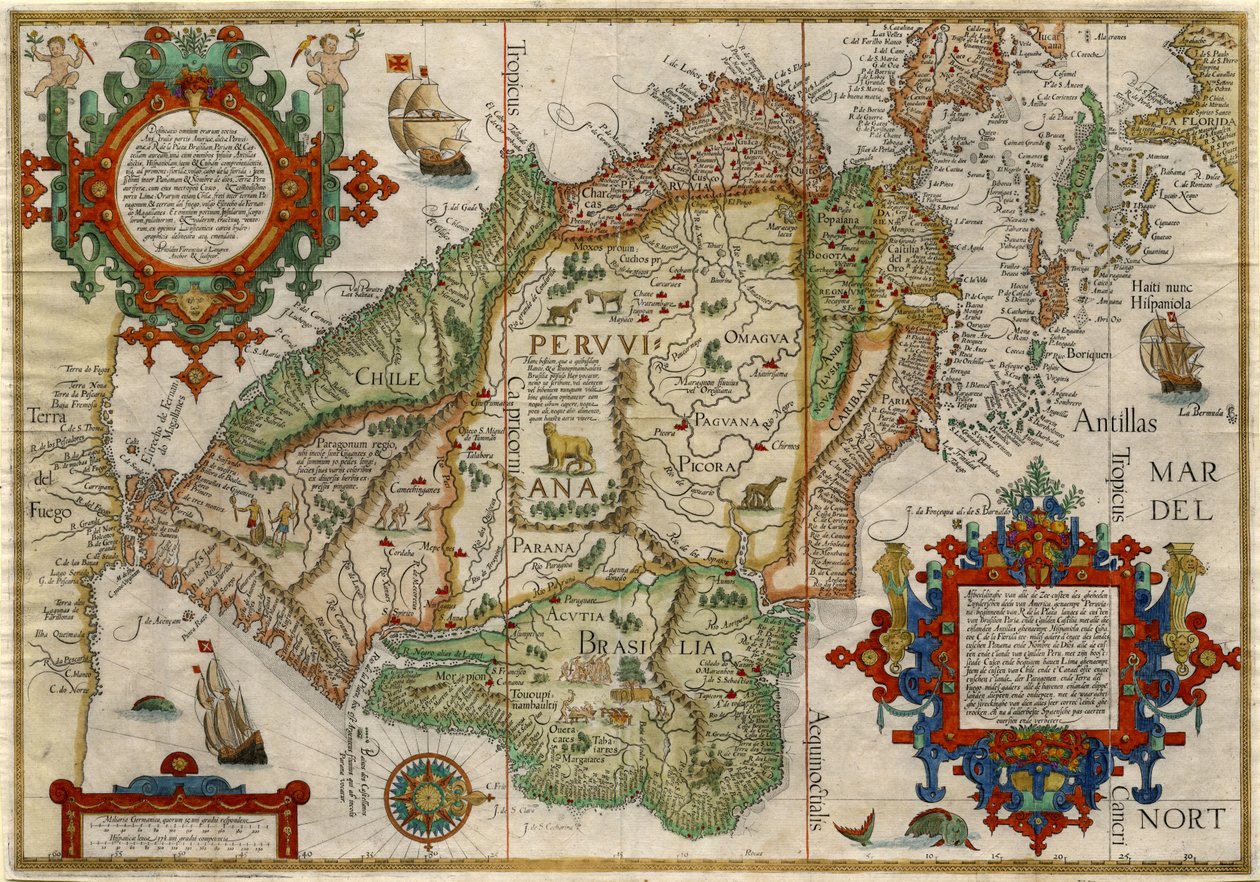 Delineatio omnium orarum totius Australis parties Americae..., ok. 1596 (miedzioryt ręcznie kolorowany) autorstwa J.H. & van Langren A.F. (1571-1644) Linschoten