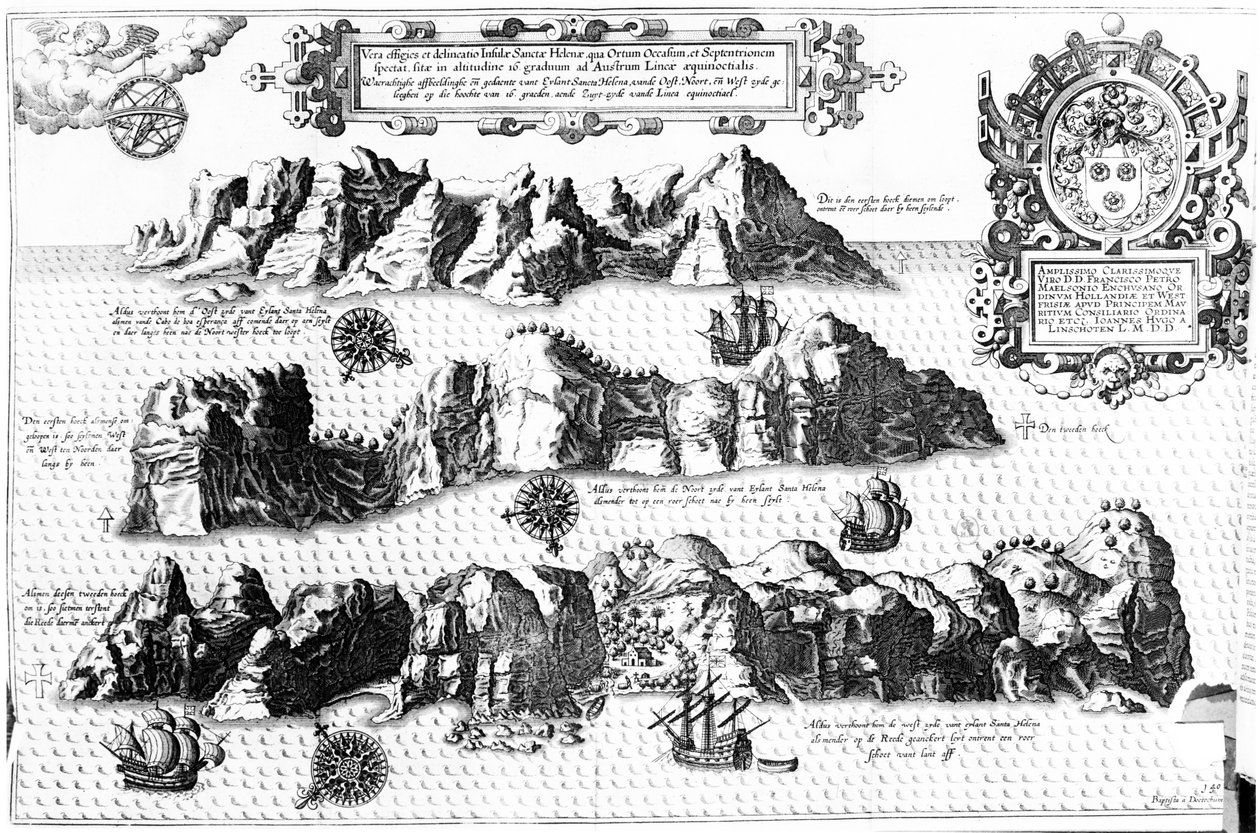Wyspa Świętej Heleny, ilustracja z Linschoten Itinerario, 1596 autorstwa J.H. van Linschoten