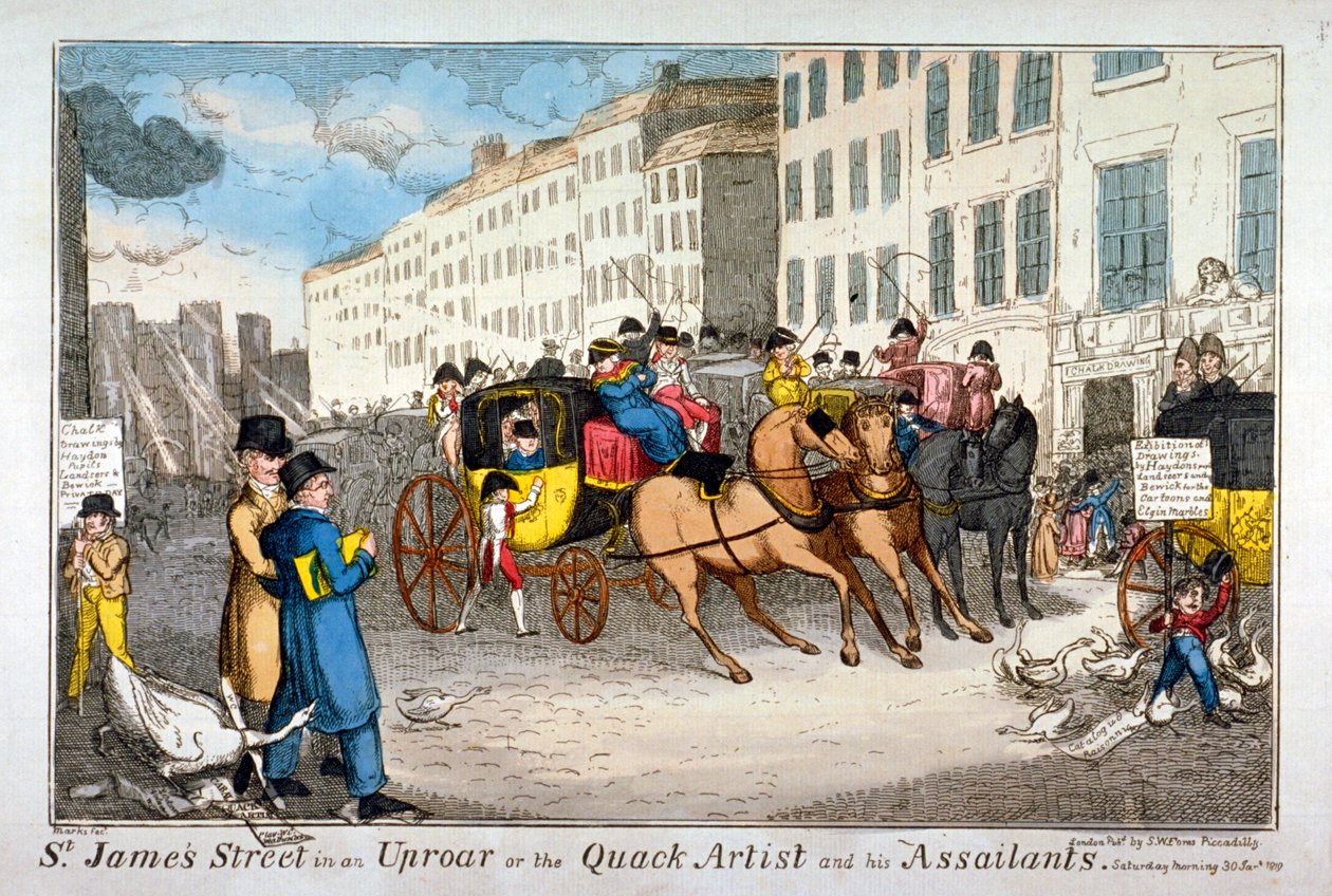 „St James Street w zgiełku, czyli znachor i jego napastnicy”, 1819 r. autorstwa JL Marks