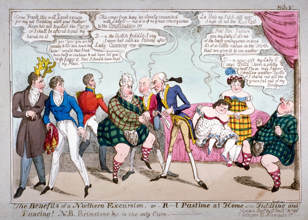 „Korzyści z wycieczki na północ lub spędzanie wolnego czasu w domu, tj. skrzypce i taniec!”, ok. 1822 r. autorstwa JL Marks