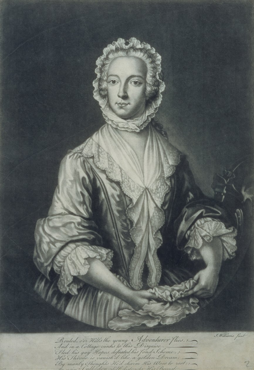 Książę Karol przebrany za „Betty Burke” (grawerunek mezzotinty) autorstwa J.L. Williams