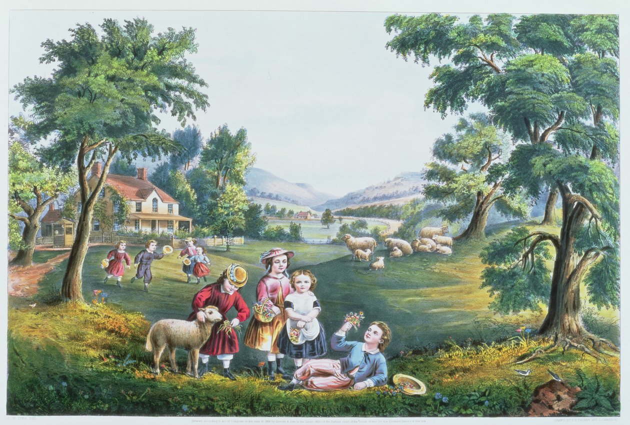 Cztery pory roku życia: dzieciństwo, „Pora radości”, sztych. Parsons i Atwater, wyd. przez Currier i Ives, Nowy Jork, 1868 (patrz 87971, 87966, 87970) autorstwa N. and Ives, J.M. Currier