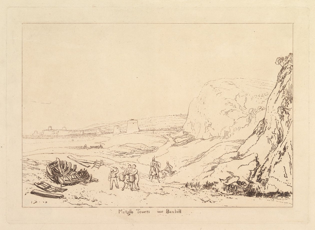 Martello Towers w pobliżu Bexhill, Sussex Book of Studies, część VII, tablica 34, 1811. autorstwa Joseph Mallord William Turner