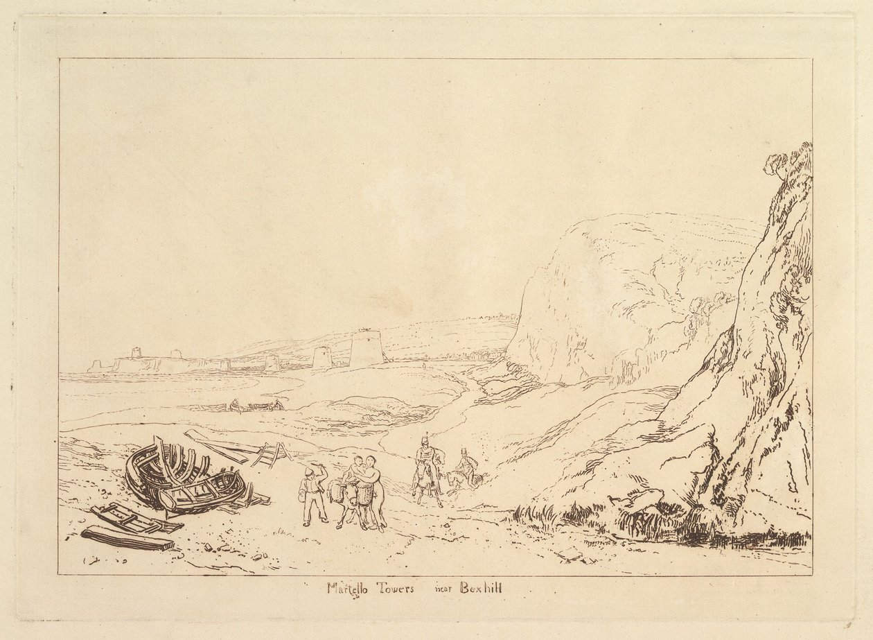 Martello Towers w pobliżu Bexhill, Sussex Book of Studies, część VII, tablica 34, 1811. autorstwa Joseph Mallord William Turner