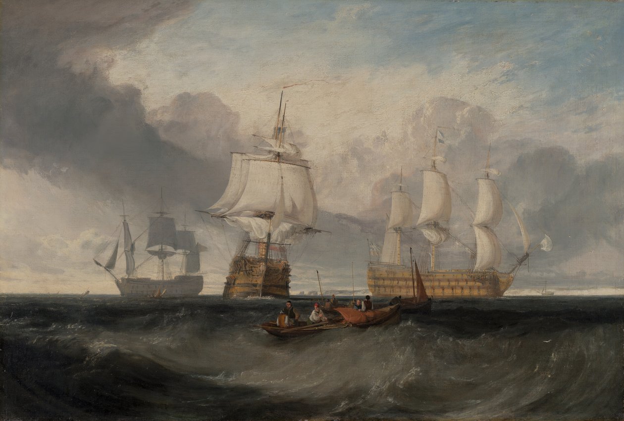 Zwycięstwo powracające z Trafalgaru w trzech pozycjach, ca. 1806. autorstwa Joseph Mallord William Turner