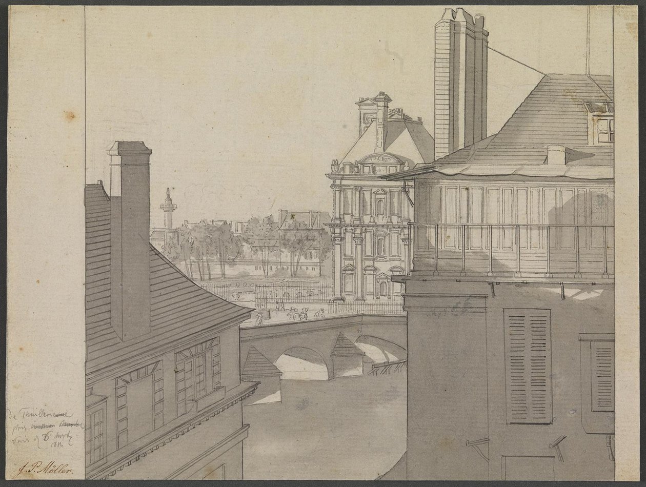 Widok z mieszkania J.P. Møllera w Hotel d’Irlande, Rue de Beaune no. 3, przez Sekwanę w kierunku Tuileries i Rue de Rivoli, 6 marca 1812 r. autorstwa J.P. Møller
