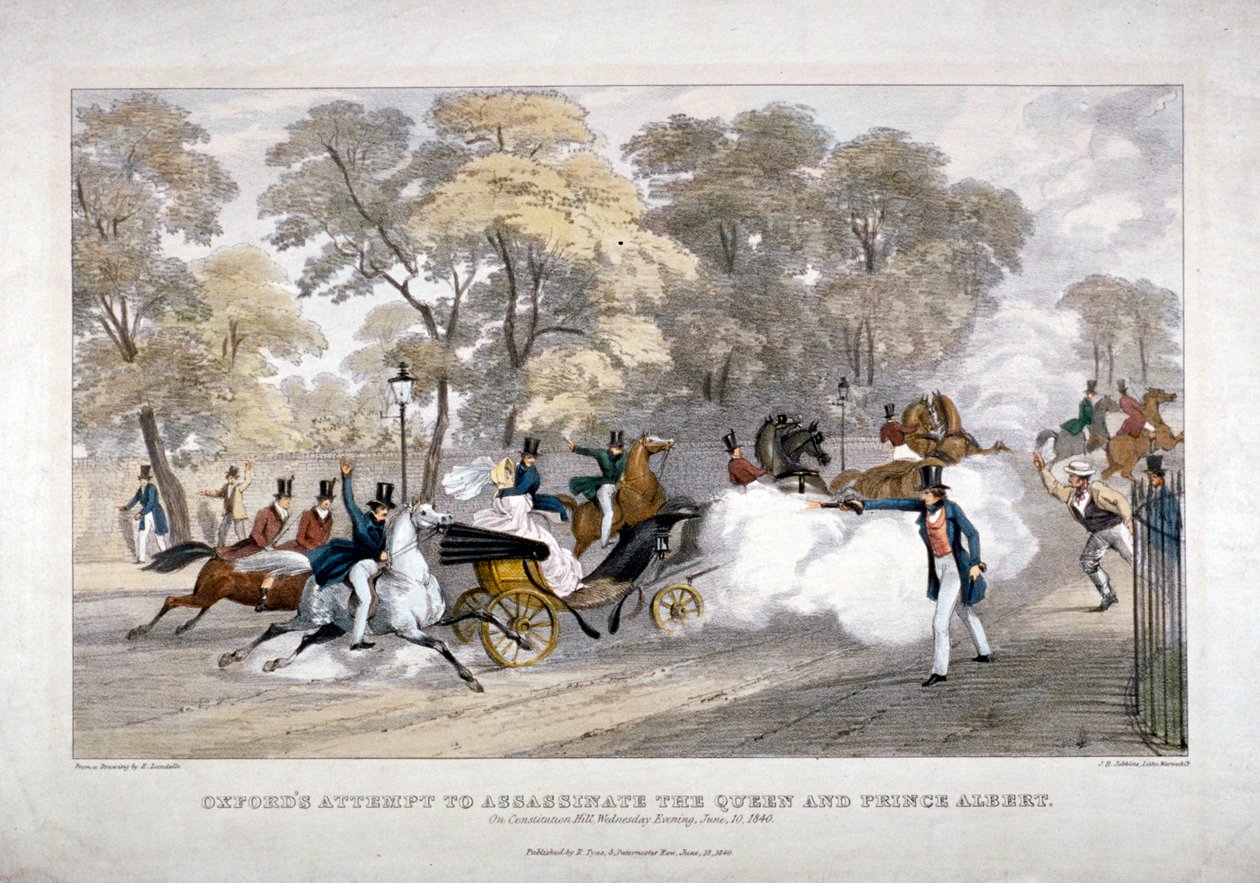 Zamach na królową Wiktorię, Constitution Hill, Westminster, Londyn, 1840 autorstwa JR Jobbins