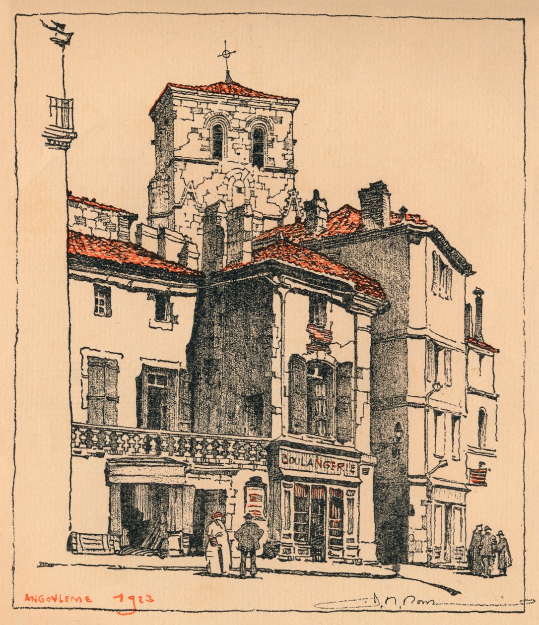 Place du Murier z wieżą kościoła św. Andrzeja w Angouleme we Francji, 1924 autorstwa JR Rowe
