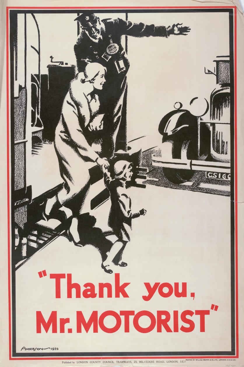„Dziękuję Panie Kierowco”, plakat LCC Tramways Rady Hrabstwa Londynu, 1932 r. autorstwa JS Anderson