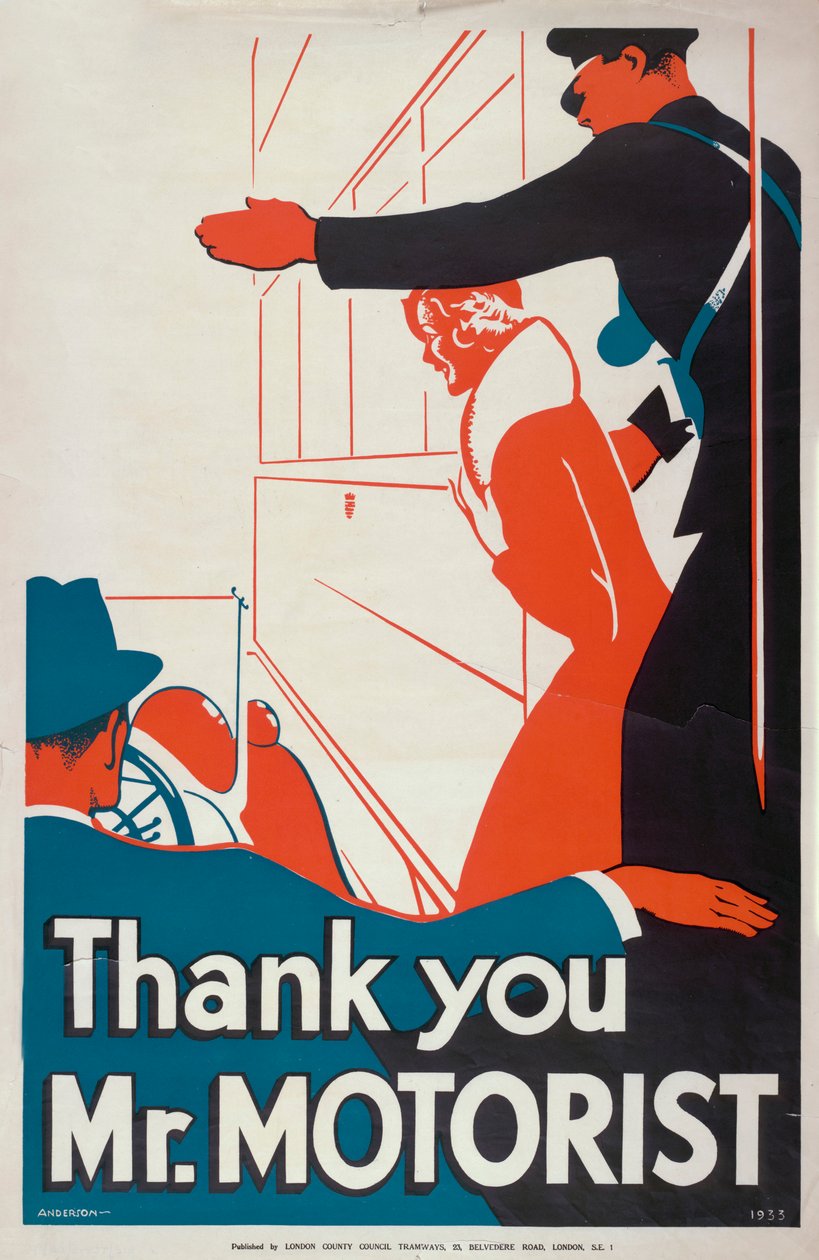 „Dziękuję Panie Kierowco”, plakat LCC Tramways Rady Hrabstwa Londynu, 1933 r. autorstwa JS Anderson