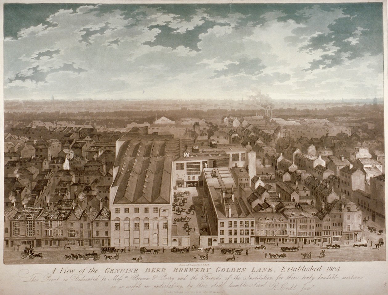 Widok z lotu ptaka na prawdziwy browar piwa, Golden Lane, City of London, 1807 autorstwa JS Barth