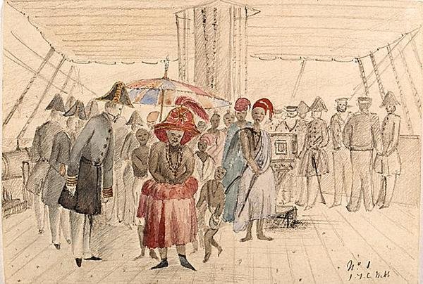 Zachodnioafrykańscy wodzowie na pokładzie okrętu marynarki wojennej, ok. 1850 (akwarela i ołówek na papierze) autorstwa J.T.C. Webb