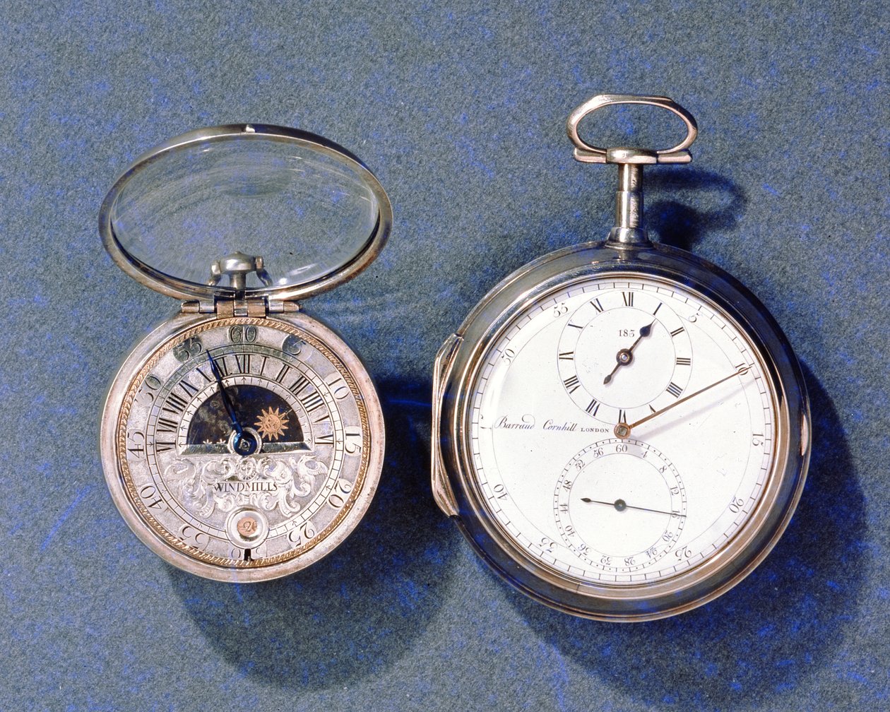 Zegarek z tarczą słoneczną i księżycową, J.Windmills (fl.1671-1723), ok.1700; chronometr kieszonkowy, Barraud, Londyn, 1797 autorstwa J.Windmills and Barraud 1797