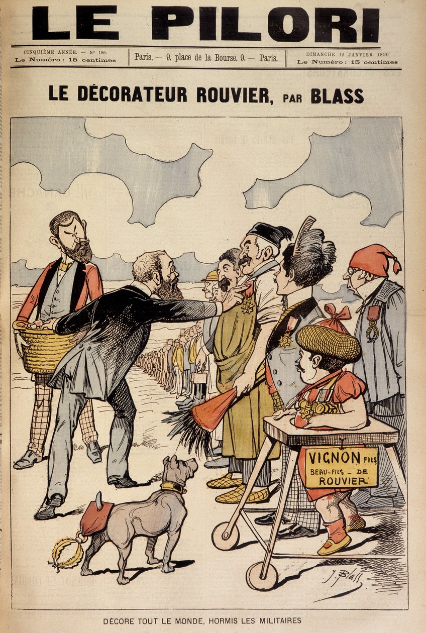 (Kreskówka o skandalach finansowych końca XIX wieku) „” Le Decorateur Rouvier, Blassa: Udekoruj wszystkich oprócz wojska””” Maurice Rouvier (1842-1911) (sfera Wilsona) – ilustracja J. Blassa (Albert Douat dit) (1847-1892). Krowa. "" T autorstwa J.  Blass