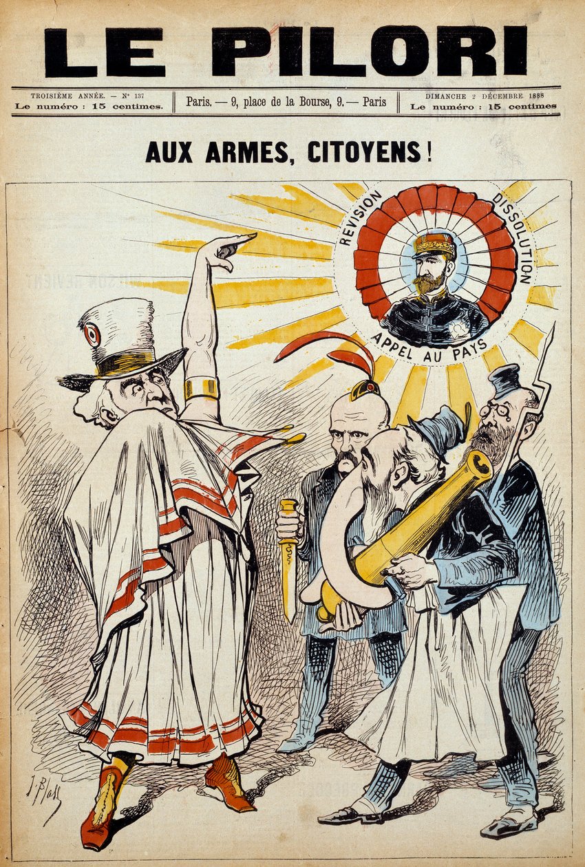 Jedna z gazet „”pod pręgierzem””: „”do obywateli broni! „” 2 grudnia 1888 r. podczas demonstracji przeciwko generałowi Boulangerowi. Ilustracja J. Blassa (Albert Douat dit) (1847-1892) autorstwa J.  Blass