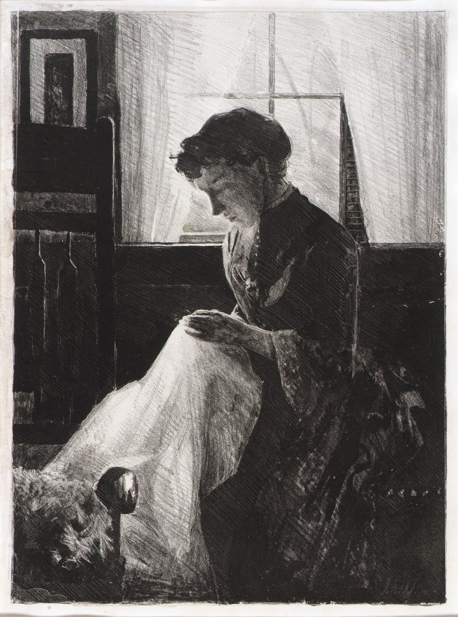 Portret profilowy kobiety szyjącej autorstwa J. Alden Weir