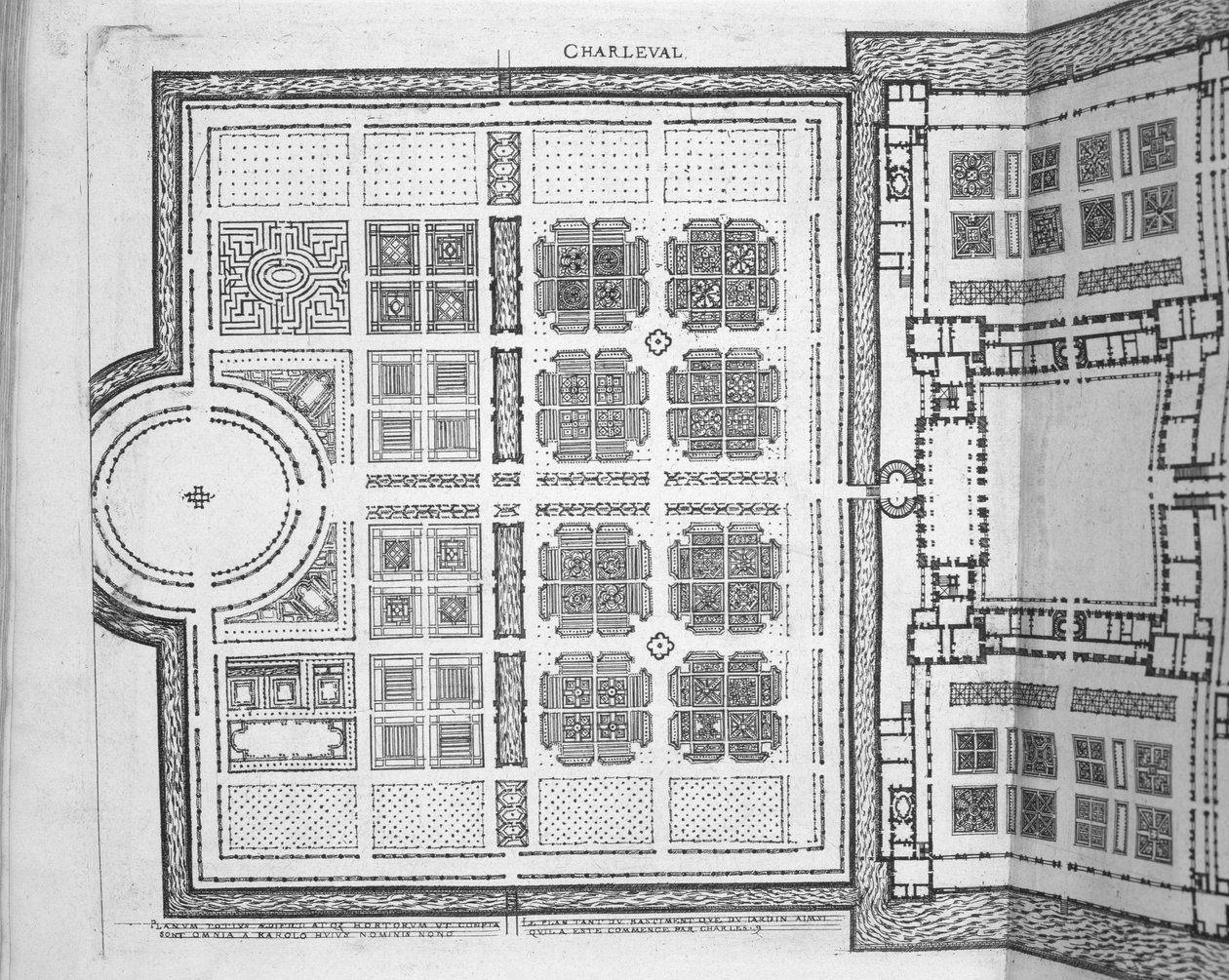 Ogrody w Charleval, z „Les Plus Belles Bastiments de France”, opublikowane 1570 (rycina) autorstwa J. Androuet  Ducerceau