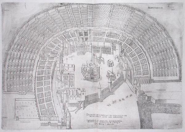 Zamek Montargis i jego ogrody, z „Les Plus Belles Bastiments de France”, opublikowane 1570 (rycina) autorstwa J. Androuet  Ducerceau