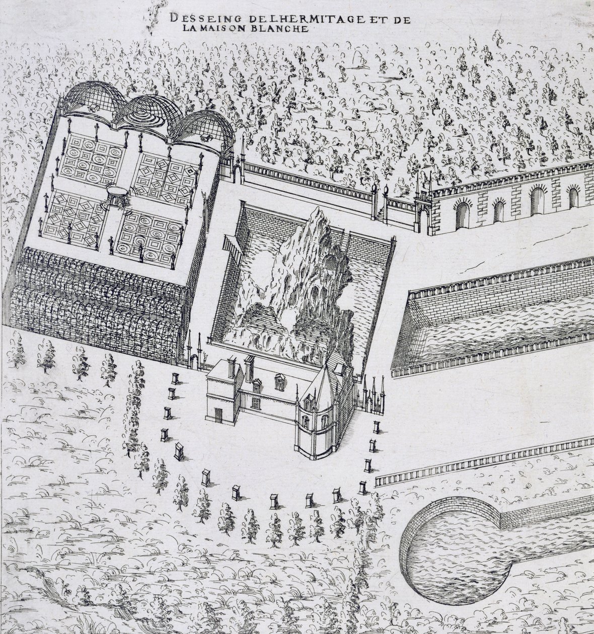 Ermitaż i Maison Blanc w Chateau de Gaillon, z „Les Plus Belles Bastiments de France”, opublikowane 1570s autorstwa J. Androuet Ducerceau