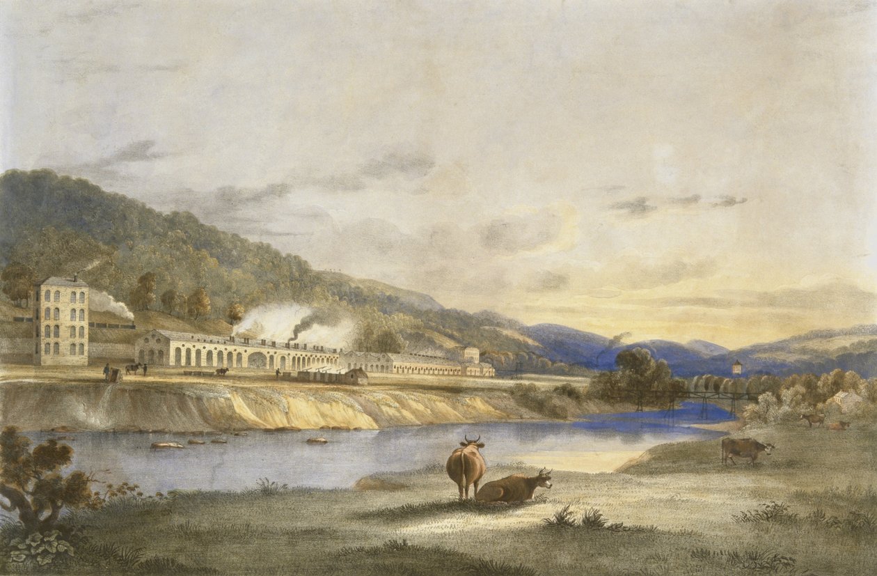 Trefforest Tin Works, Glamorganshire, ok. 1840 r. (ręcznie kolorowana litografia na papierze) autorstwa J. Appleby