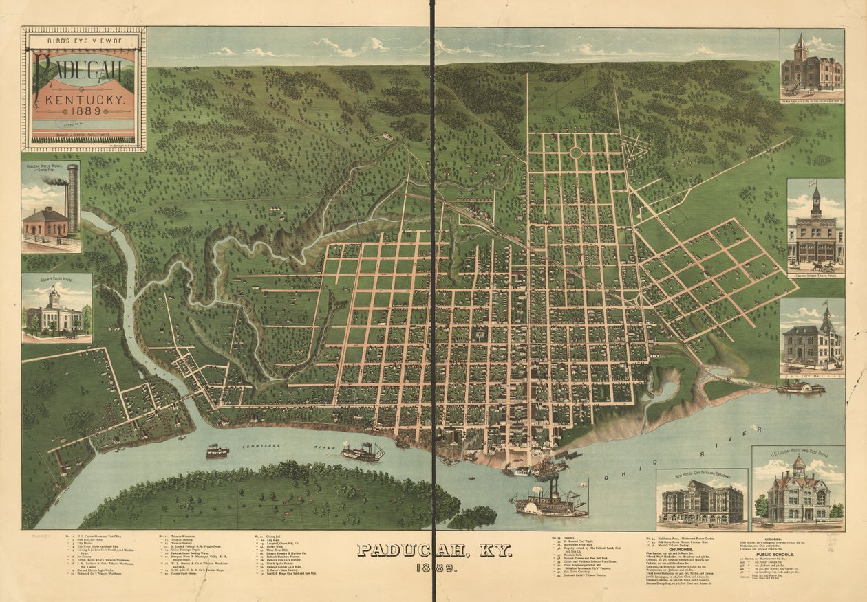 Widok z lotu ptaka na Paducah, Kentucky 1889. autorstwa J. Blanton; Krebs Lithographing Company Postlethwaite