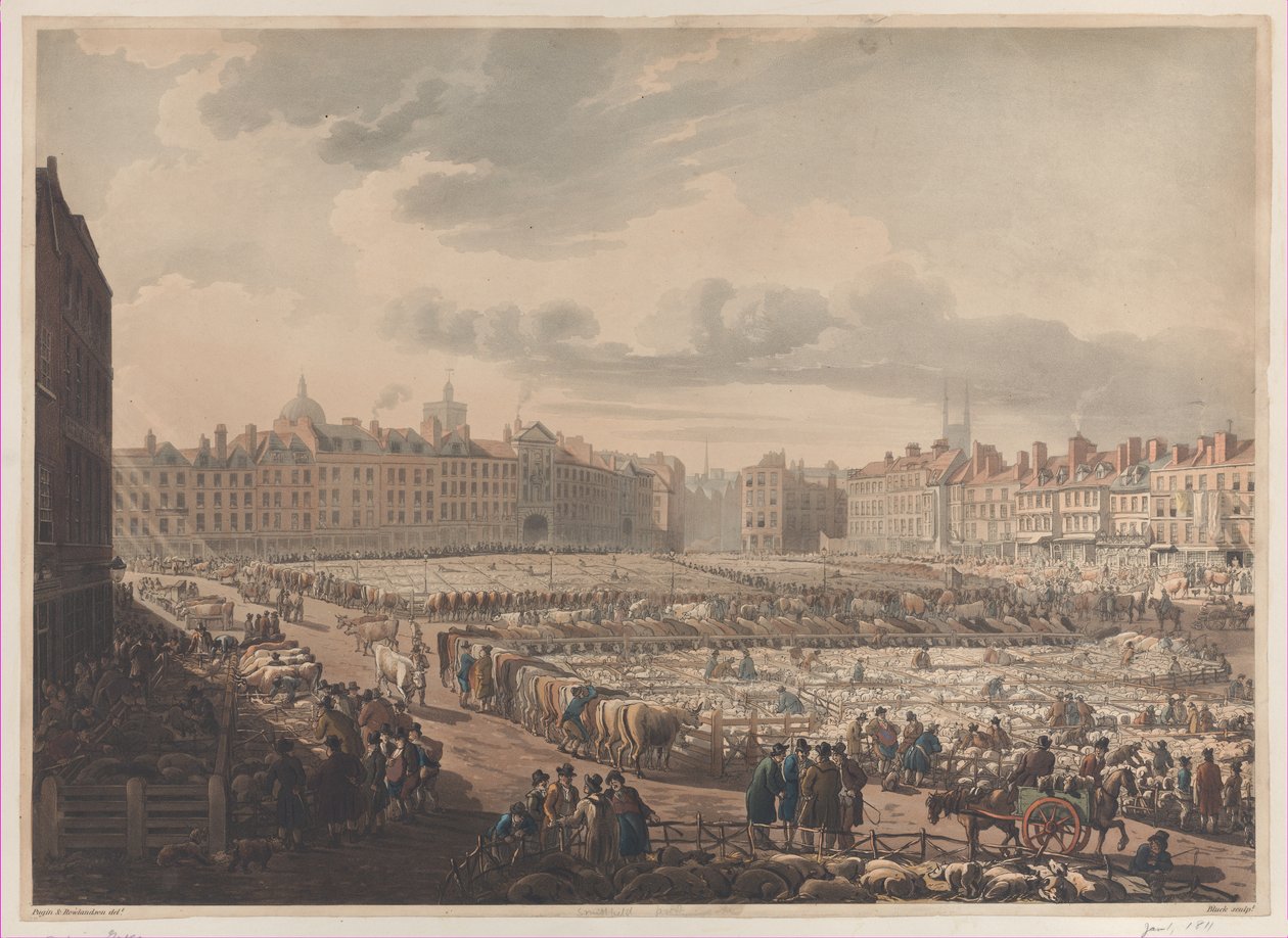 Rynek Smithfield z lotu ptaka, wzięty z Bear & Ragged Staff, styczeń..., 1 stycznia 1811. autorstwa J. Bluck