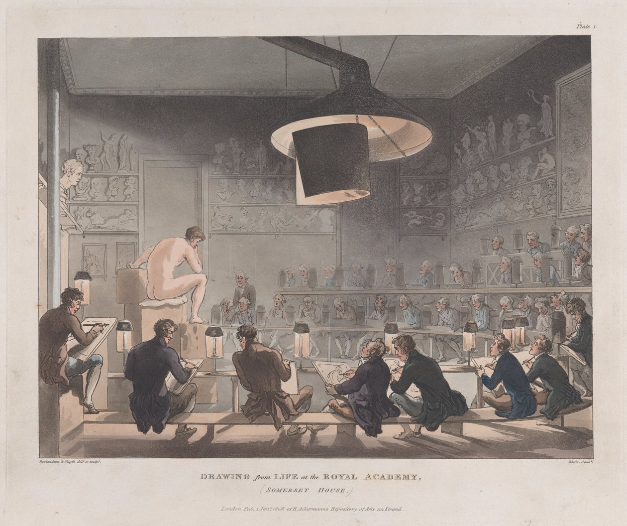 Rysunek z Życia w Akademii Królewskiej, Somerset House, 1 stycznia 1808 r., 1 stycznia 1808 r. autorstwa J. Bluck