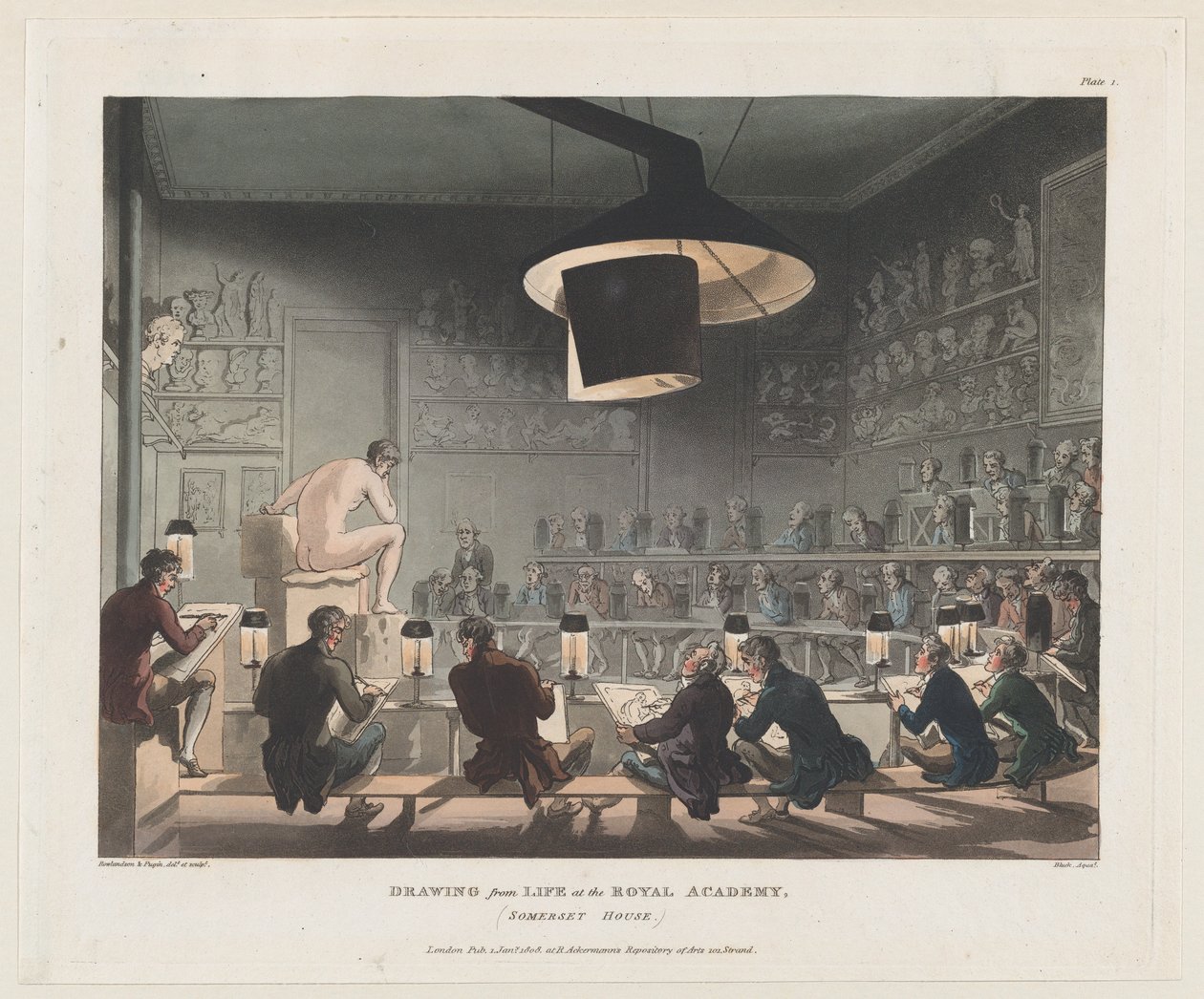 Rysunek z Życia w Akademii Królewskiej, Somerset House, 1 stycznia 1808 r., 1 stycznia 1808 r. autorstwa J. Bluck