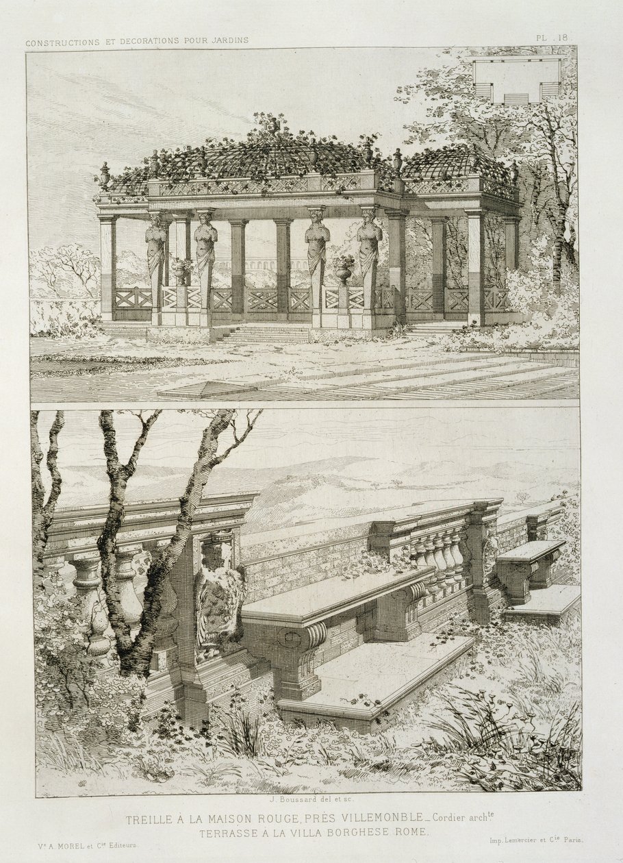 Pergola La Maison Rouge niedaleko Villemomble, zaprojektowana przez Cordiera, oraz taras willi Borghese, Rzym, ok.1880 autorstwa J. Boussard