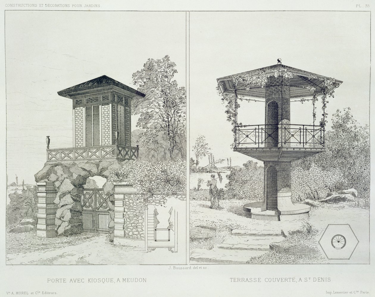 Portal z kioskiem Meudon i zadaszonym tarasem St. Denis z tomu projektów różnych architektów, pub. Morel & Cie, Paryż, ok.1880 (akwaforta) autorstwa J. Boussard