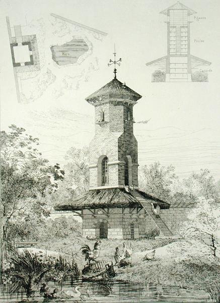 Schronisko dla ptactwa w Chartrettes, z „Constructions et Decorations pour Jardins”, wydana ok. 1880 (rycina) autorstwa J. Boussard