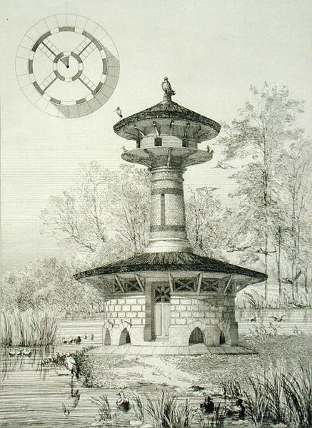 Schronisko dla ptactwa wodnego w Poissy, z „Constructions et Decorations pour Jardins”, wydana ok. 1880 (rycina) autorstwa J. Boussard