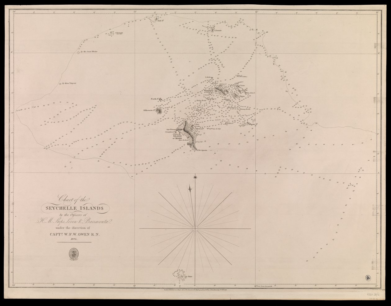Mapa Wysp Seszelskich sporządzona przez oficerów okrętów H.M. Leven i Barracouta pod kierunkiem kpt. W.F.W. Owena R.N. 1825 autorstwa J. & C. Walker