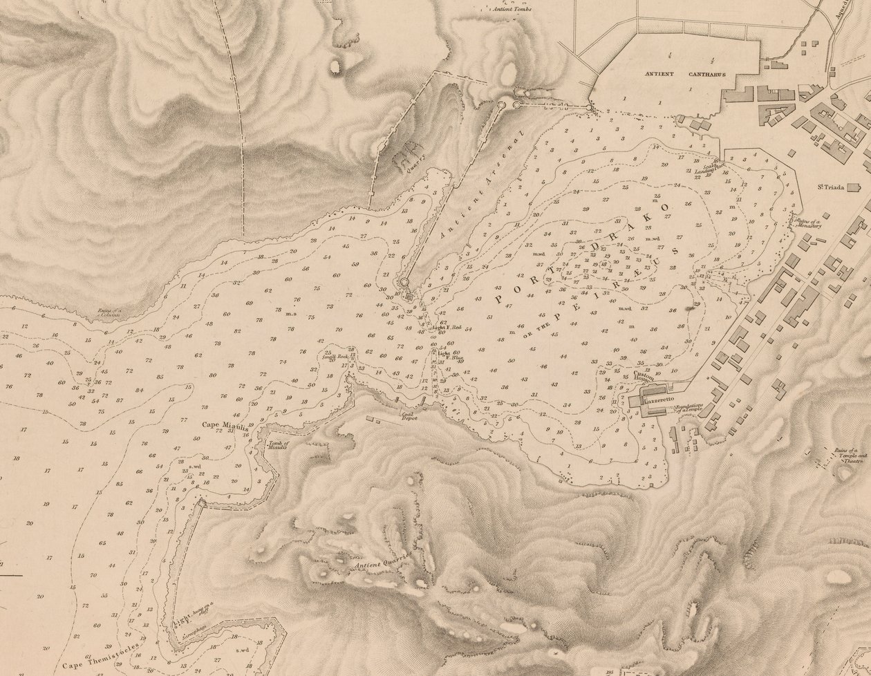 Grecja, Peiraeus lub Port Drako zbadany przez komandora Thomasa Gravesa, H.M.S. Beacon 1840, [Detal] autorstwa J. & C. Walker
