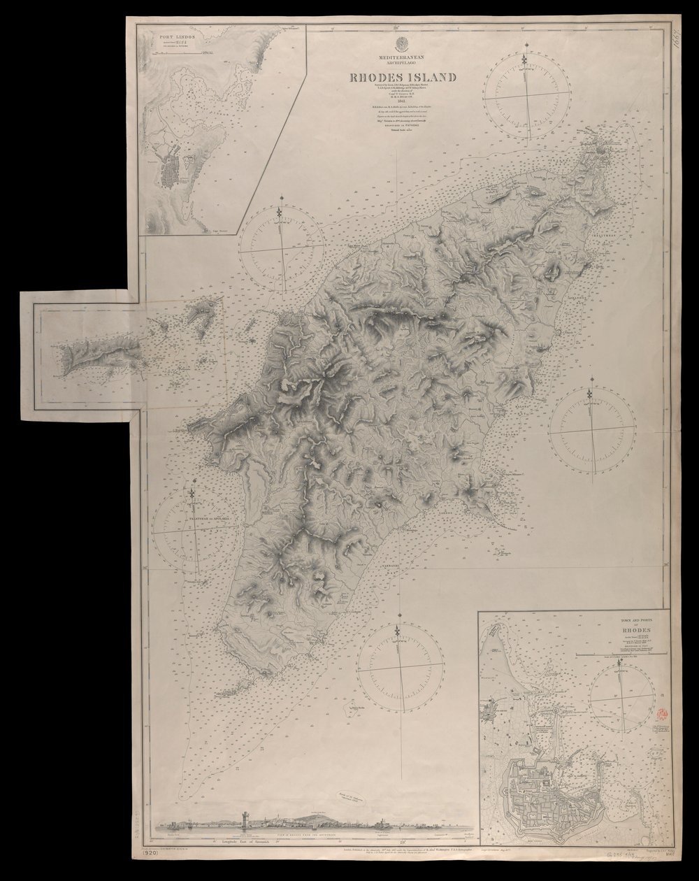 Archipelag śródziemnomorski Wyspa Rodos zbadany... pod kierunkiem komandora T Gravesa RN HMS "Beacon" (1841) autorstwa J. & C. Walker
