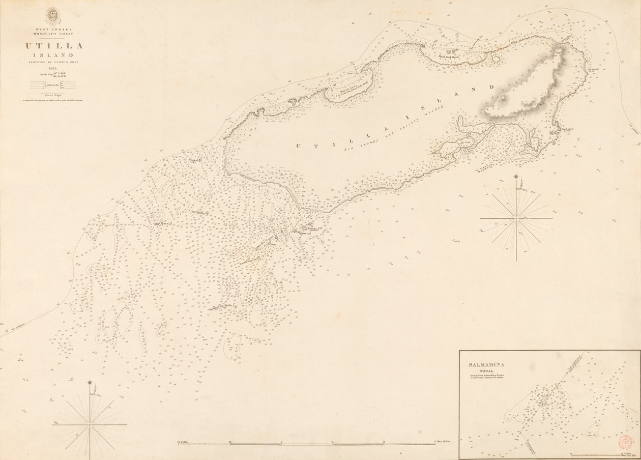 Indie Zachodnie Wybrzeże Moskitów Wyspa Utilla badana przez komandora R. Owena 1835 r. autorstwa J. & C. Walker