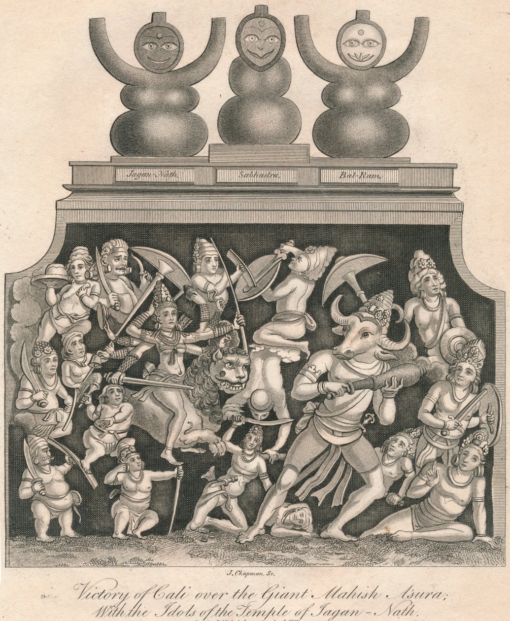 Zwycięstwo Cali nad Olbrzymią Mahishasurą, Z Idolami Świątyni Dżagannatha, 1809. autorstwa J. Chapman