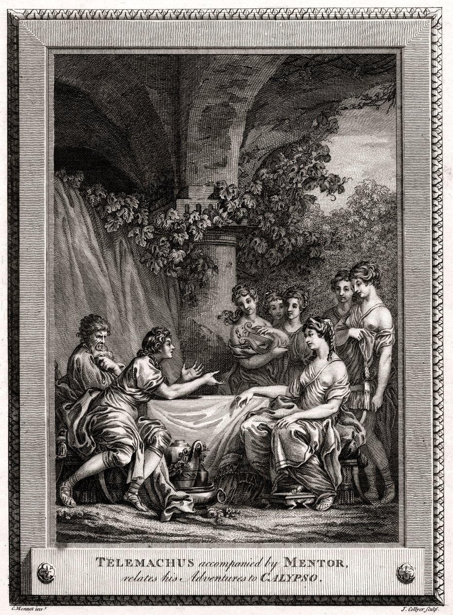 Telemach w towarzystwie Mentora opowiada o swoich przygodach Kalipso, 1774 autorstwa J. Collyer