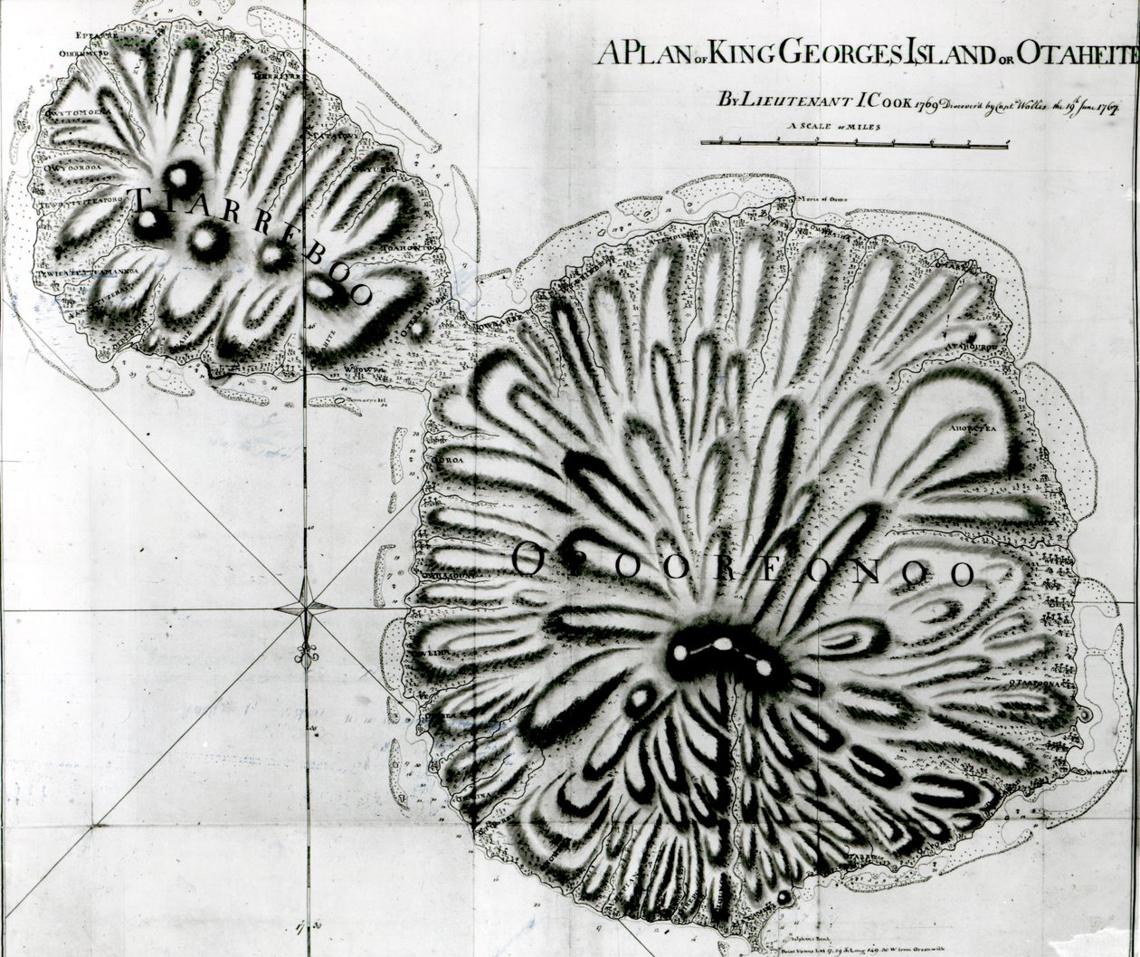 Plan Wyspy Króla Jerzego lub Otheite, 1769 (lito) (bw zdjęcie) autorstwa J. Cook