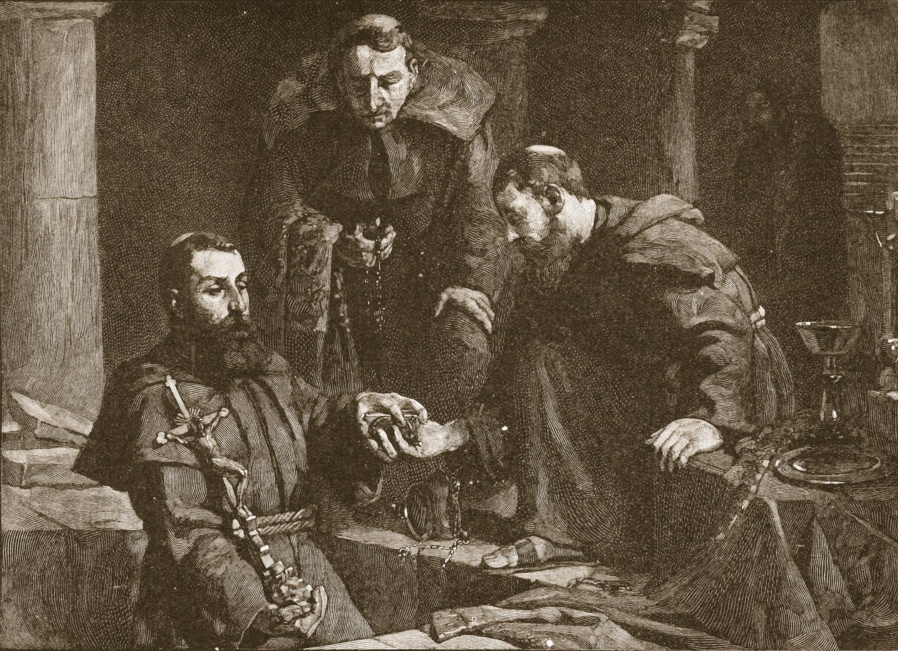 Ukrywanie skarbu podczas niszczenia klasztoru, ilustracja z The Church of England: A History for the People autorstwa H.D.M. Spence-Jones, wyd. c.1910 lito sepia zdjęcie autorstwa J. Cooke