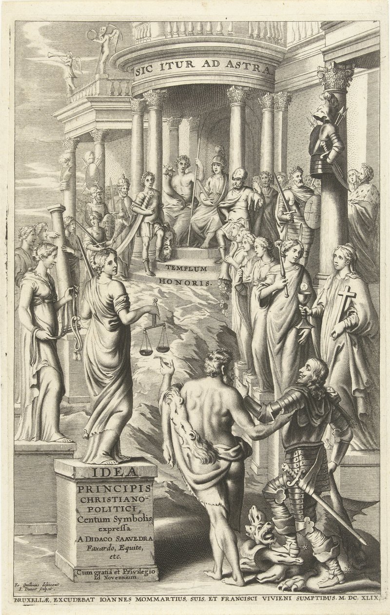 Herkules prowadzi człowieka przez personifikacje cnót do świątyni wiecznej sławy Strona tytułowa dla: Idea principis christiano-politica, Centum Symbolis expressa, Bruksela 1649 (tytuł na obiekcie) autorstwa J. Danoot