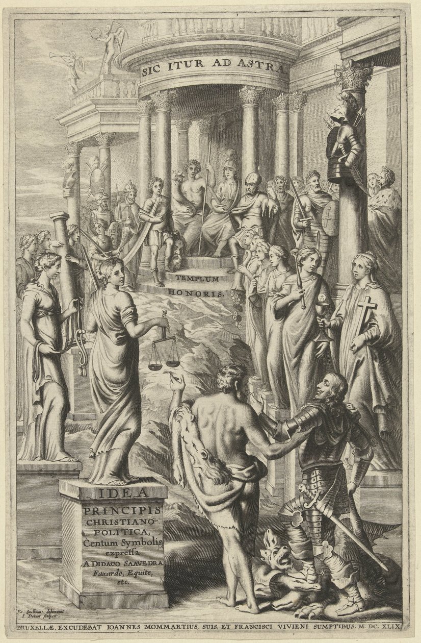 Herkules prowadzi człowieka przez personifikacje cnót do świątyni wiecznej sławy Strona tytułowa dla: Idea principis christiano-politica, Centum Symbolis expressa, Bruksela 1649 autorstwa J. Danoot