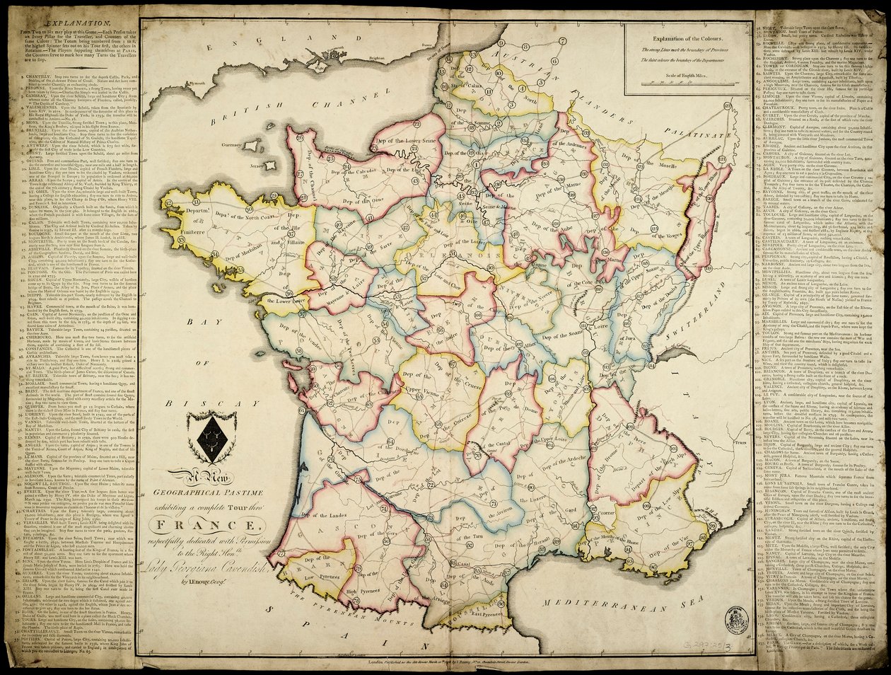 Nowa geograficzna rozrywka przedstawiająca kompletną wycieczkę po Francji z szacunkiem dedykowaną za zgodą Prawowitej Czcigodnej Lady Georgiany Cavendish. autorstwa J. Enouy