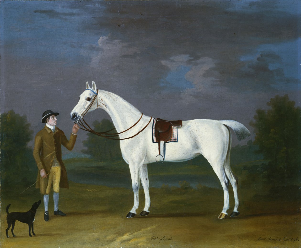 Tabby Runt", szary myśliwy ze swoim właścicielem i terierem w krajobrazie rzecznym, 1776 autorstwa J. Francis Sartorius