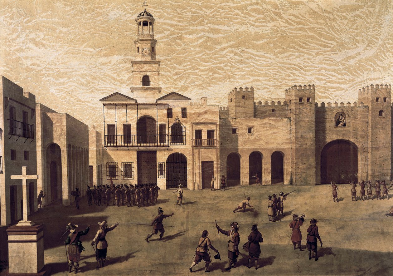 View of San Juan de Dios Square (Saint John of God) and the town hall of Cádiz, in 1596. Painting by J.Garcia (16th th). Oil on canvas autorstwa J. Garcia