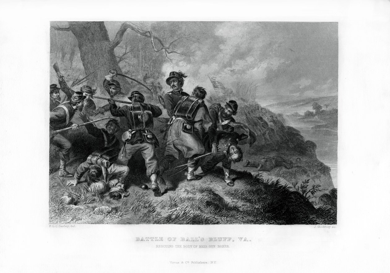 Ratowanie ciała pułkownika Edwarda Bakera, Battle of Balls Bluff, Virginia, 1862-1867. autorstwa J. Godfrey