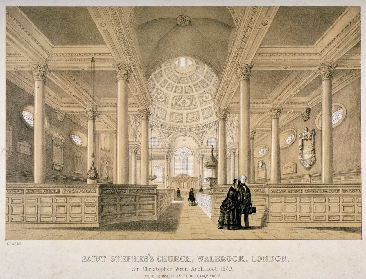 Widok wnętrza na wschód, kościół St Stephen Walbrook, City of London, 1851 autorstwa J Graf