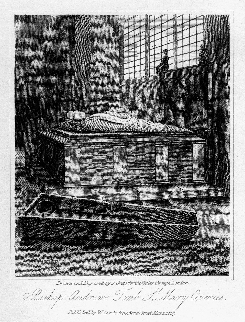 Grób biskupa Andrewsa, kościół St Mary Overies, Southwark, Londyn, 1817. autorstwa J. Greig