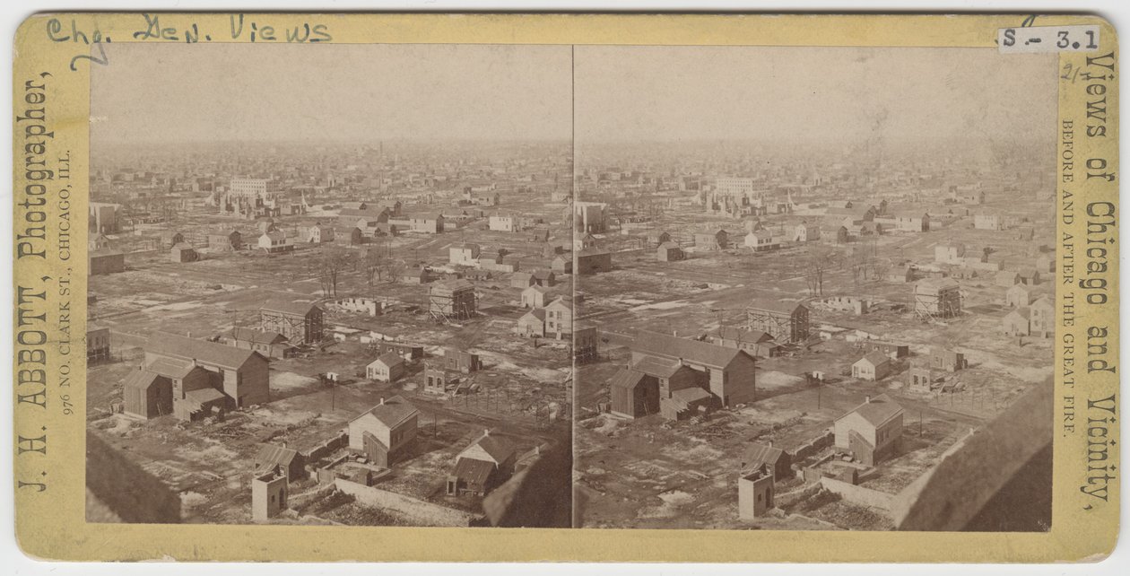 Stereograf przedstawiający widok na północny-północny zachód od Water Tower po pożarze Chicago w 1871, 1871 (zdjęcie czarno-białe na uchwycie karty) autorstwa J. H. Abbott