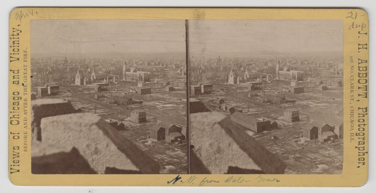 Stereografia widoku na północny zachód od Water Tower po pożarze w Chicago w 1871 r. autorstwa J. H. Abbott